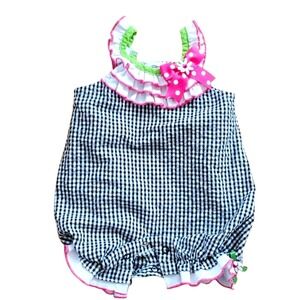 Rare Editions Girls Black Seersucker‎ Gingham Strawberry Romper Size 6M